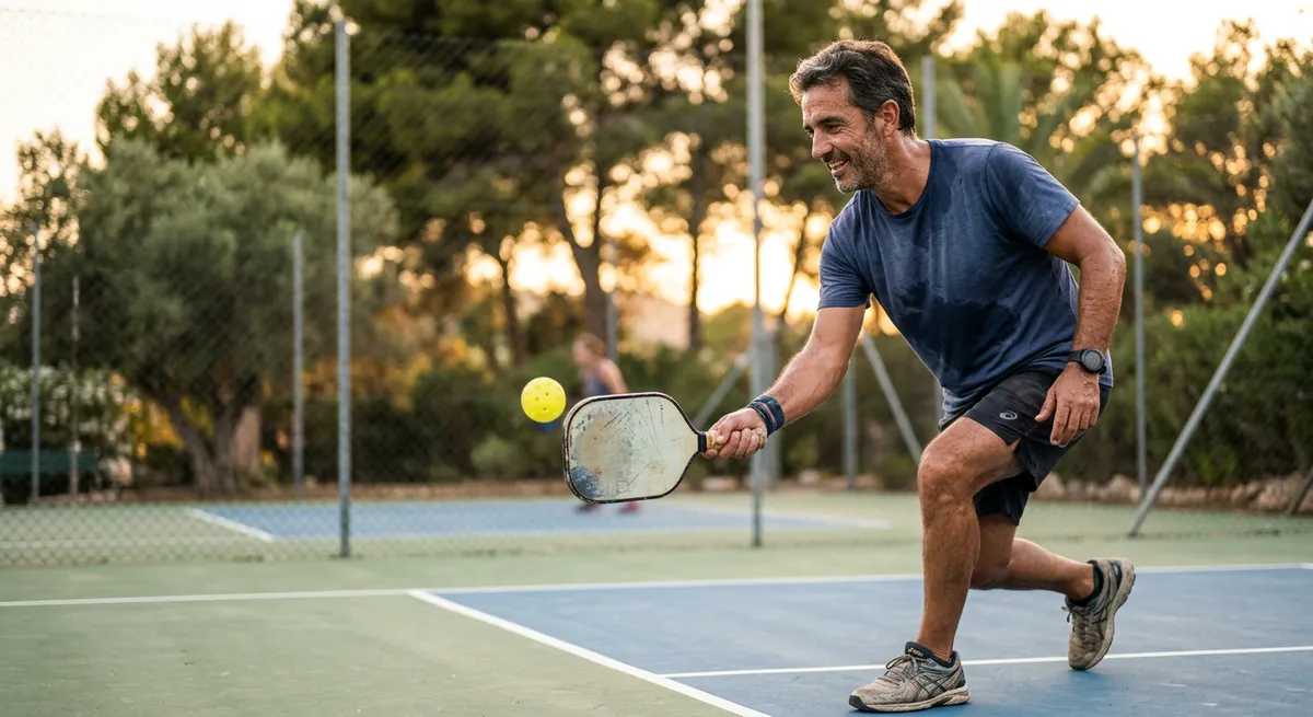 Pareja de adultos mayores de 60 años jugando pickleball al aire libre durante la hora dorada, mostrando movimiento dinámico y disfrute en una pista rodeada de naturaleza