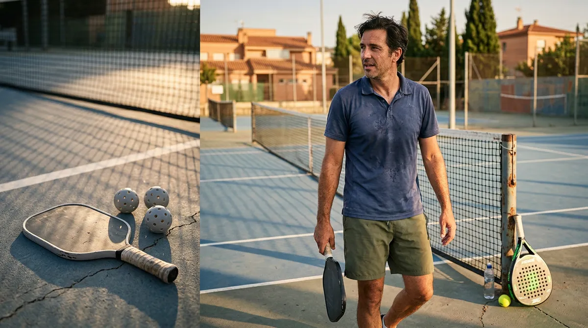 Jugador de pickleball en una pista municipal al atardecer, con una pala de pickleball y una pala de pádel en primer plano sobre la superficie azul de la cancha, iluminación dorada con edificios mediterráneos desenfocados al fondo
