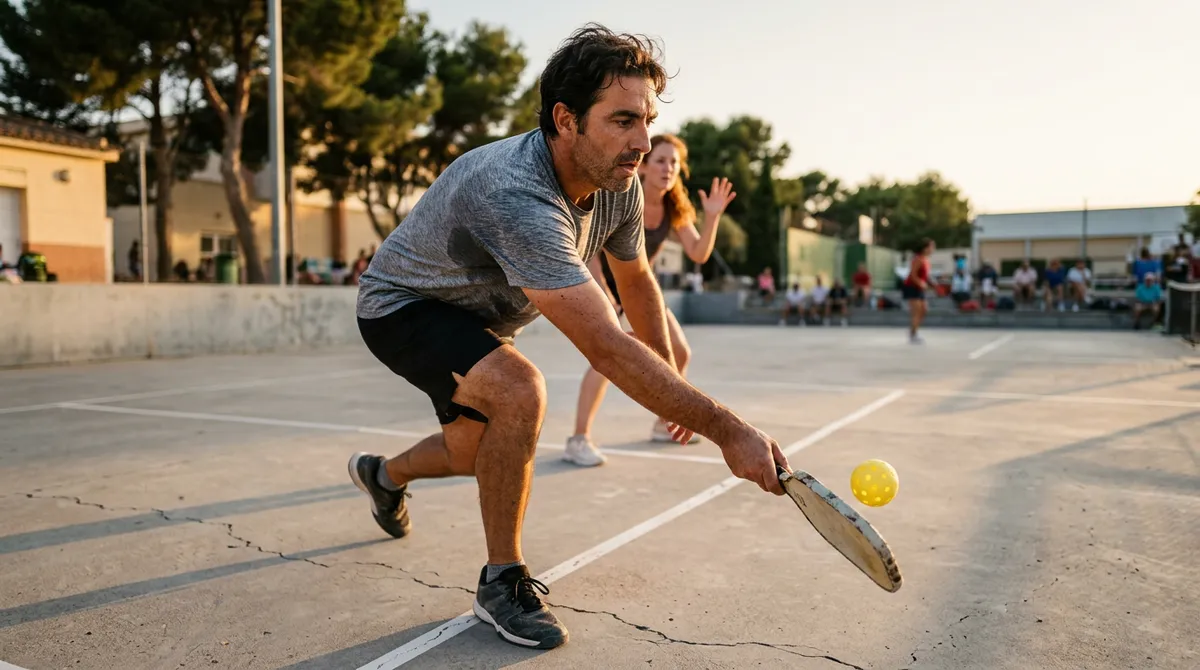 Jugador de pickleball cometiendo una falta al pisar la zona de no volea durante un partido de dobles al atardecer, con expresión de sorpresa al darse cuenta del error, en una pista municipal al aire libre con luz dorada