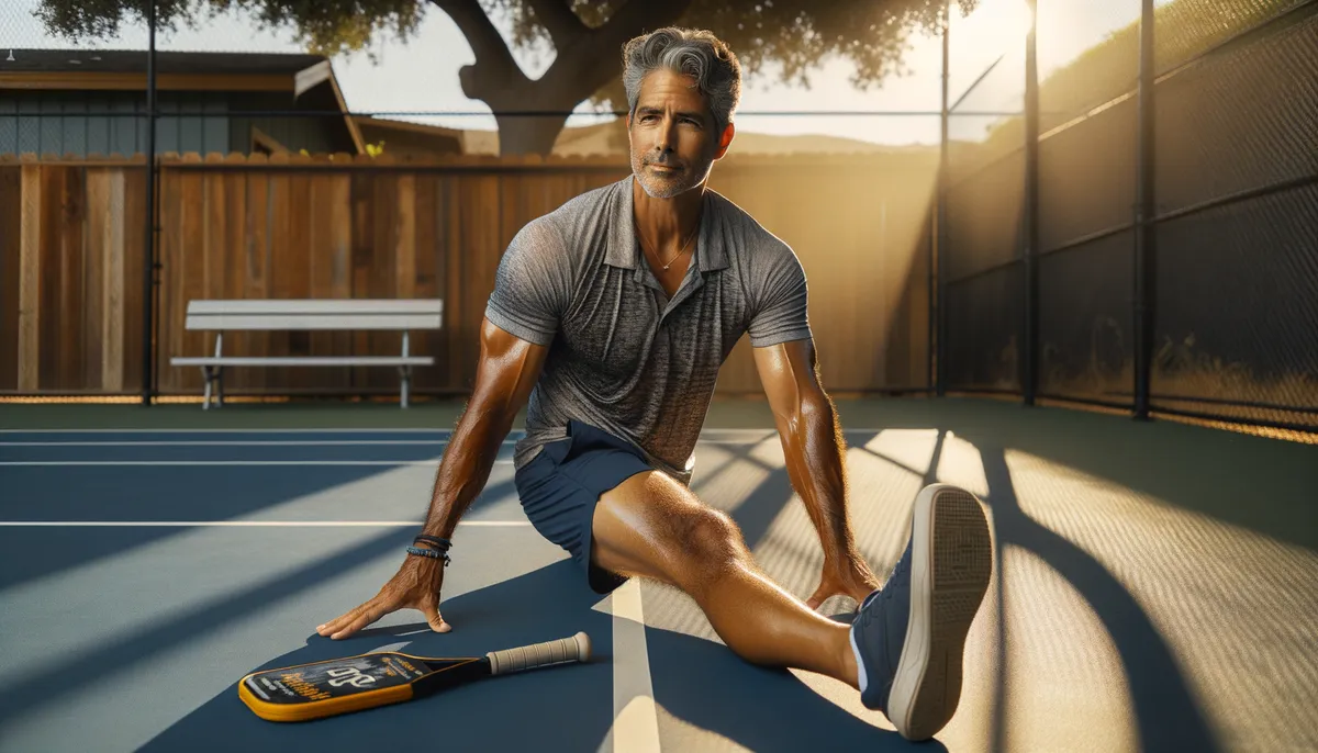Hombre de mediana edad realizando estiramientos dinámicos de piernas en una pista de pickleball al aire libre durante la hora dorada, con pala de pickleball en la mano y sombras largas proyectadas sobre la superficie azul de la pista